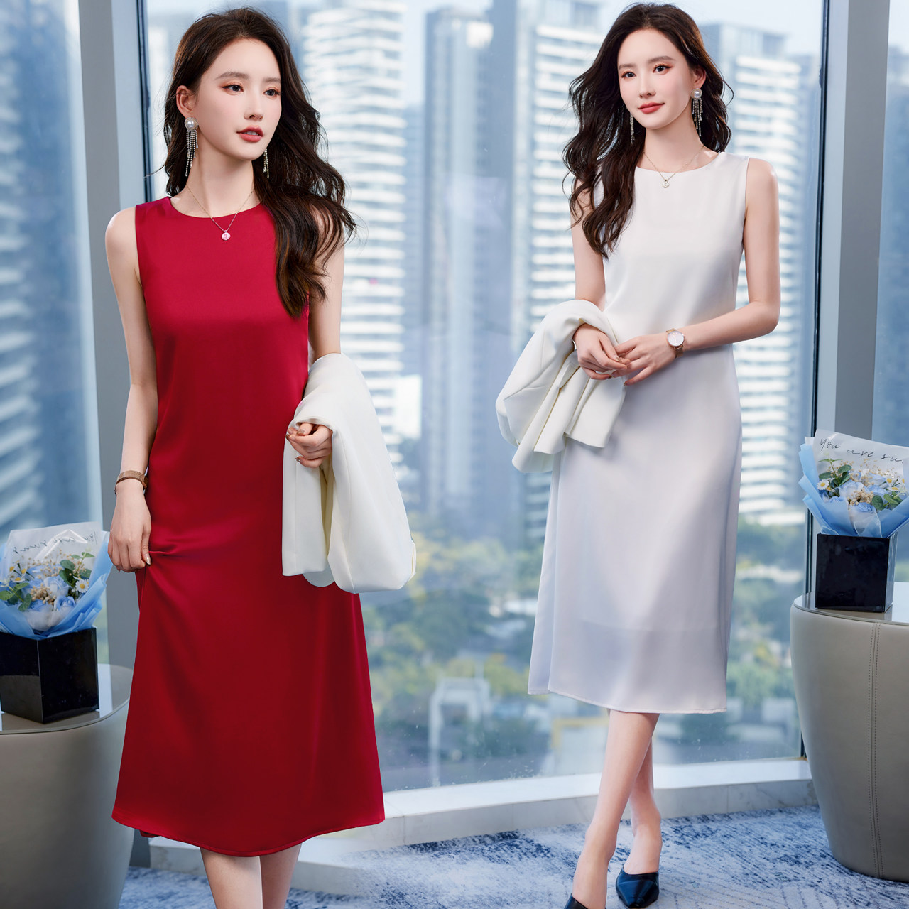 无袖连衣裙女春夏收腰内搭小黑裙女士打底背心裙高级感职业装裙子