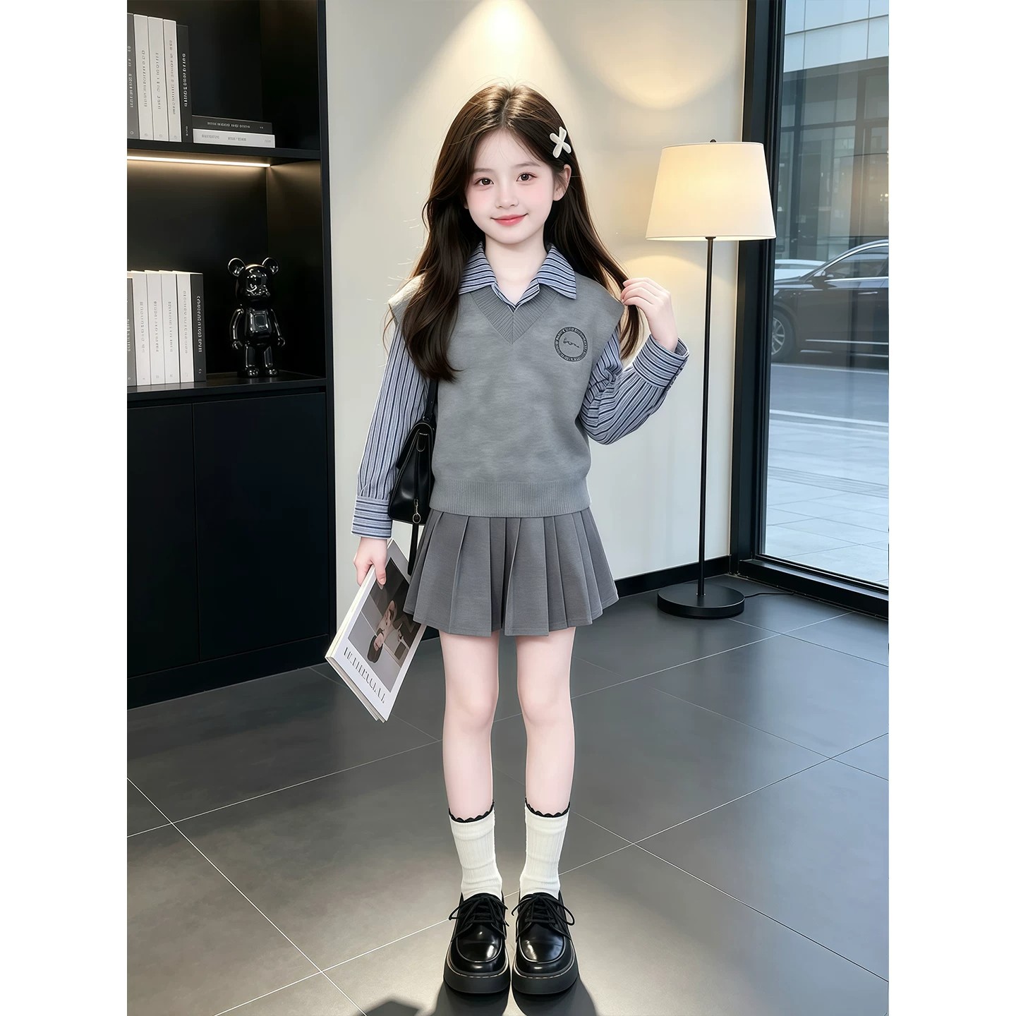 女童秋季学院风百褶裙三件套