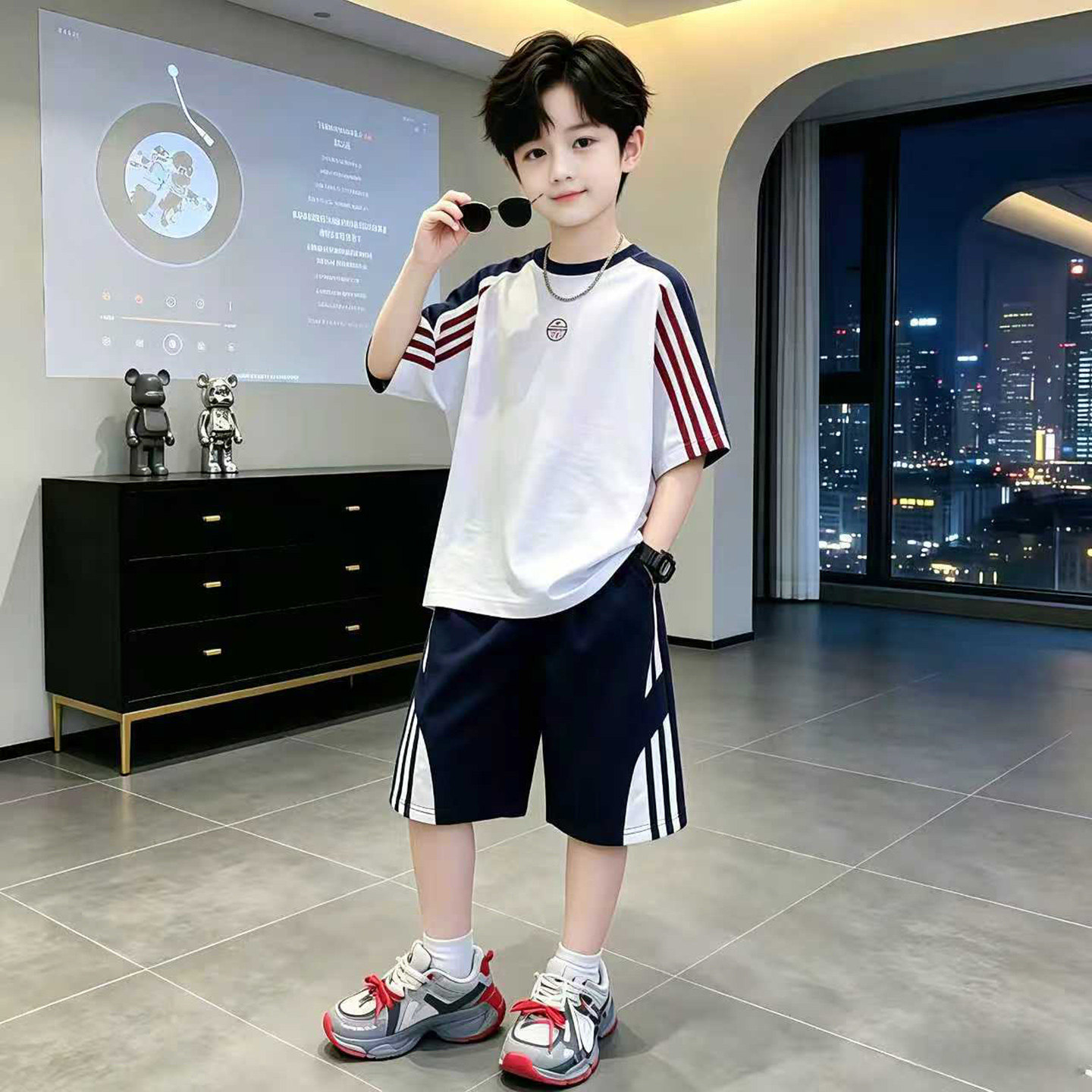 男童夏季短袖2026新款青少年运动套装条纹中大童薄款休闲两件套潮