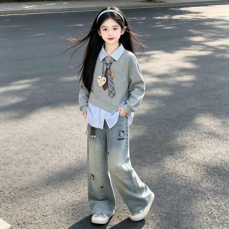 女童春秋洋气假两件卫衣套装