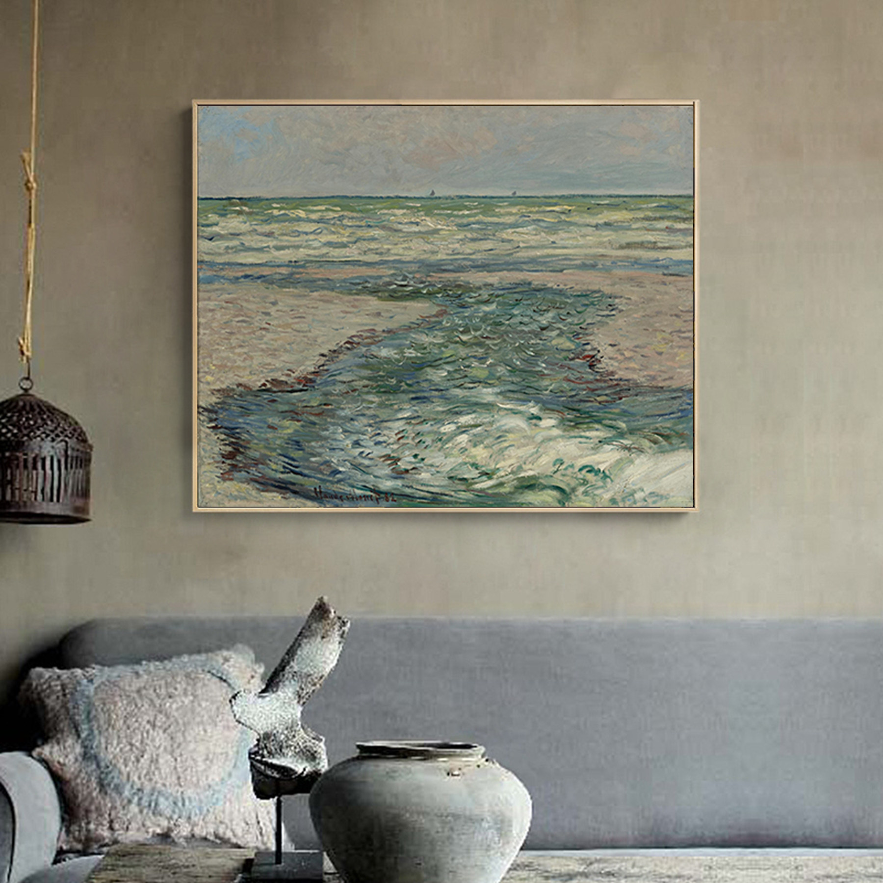 纯手绘现代装饰轻奢小众世界名画莫奈海边暖色调客厅卧室油画