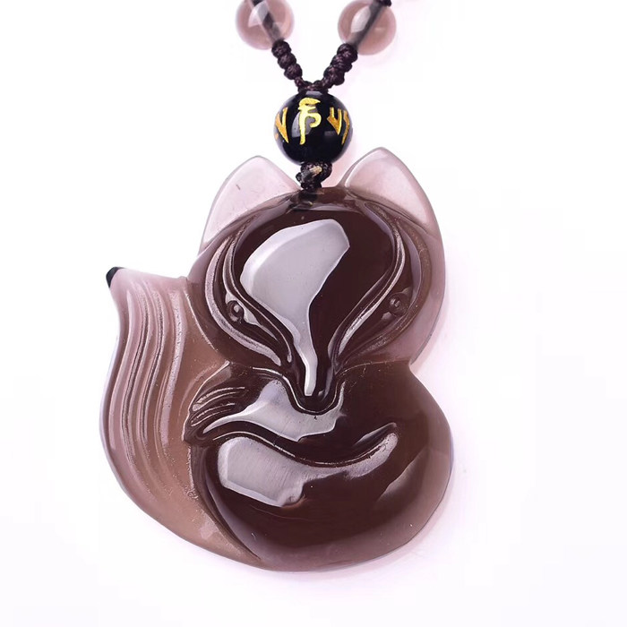 天然冰种黑曜石狐狸挂坠 黑曜石狐狸吊坠 冰种黑耀岩灵狐挂坠