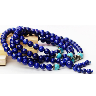 天然青金石手链 108粒帝王青金石佛珠手链 配蓝松石手链