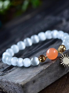 天然白猫眼石手链 配橘黄色水晶手链 银饰太阳花手链 百搭女款