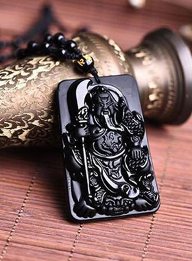 精工磨砂天然黑曜石项链关公吊坠