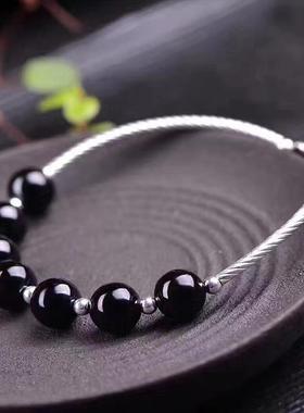 黑玛瑙女士百搭水晶单圈银手链