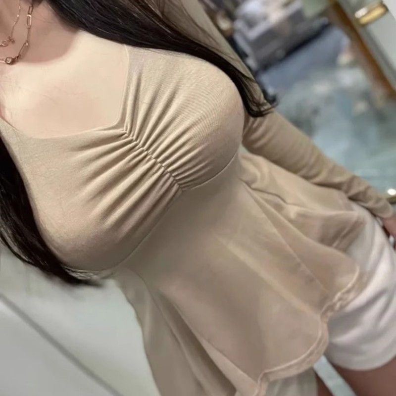 长袖紧身薄缩褶显胸莫代尔女T恤
