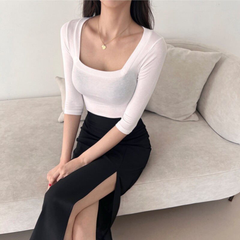 中袖性感套装裙方领弹力棉T恤女
