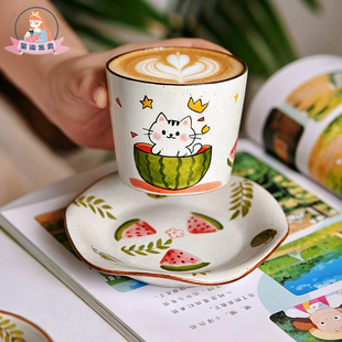 玺闻乐见景德镇手绘陶瓷猫咪咖啡杯带碟可爱西瓜清新家用喝水杯子