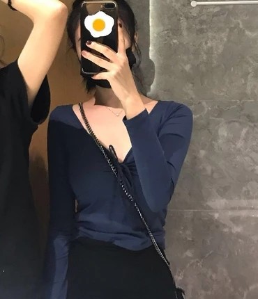 蝴蝶结V领长袖春秋莫代尔棉女图片