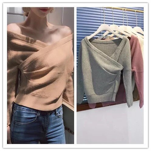 韩版套头毛衣女宽松chic漏锁骨潮