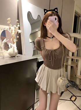 NAYA CHAN 芭蕾风抽绳短袖针织衫女夏季纯欲修身显瘦方领短款上衣