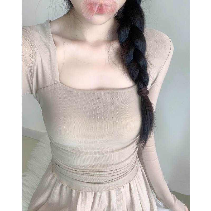 纯欲温柔舞蹈风微透网纱长袖上衣方领修身褶皱裸感显瘦上衣打底衫