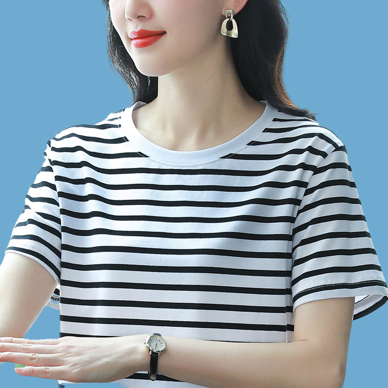 宽松短袖t恤女2026妈妈夏装新款纯棉中年气质减龄条纹半袖上衣女