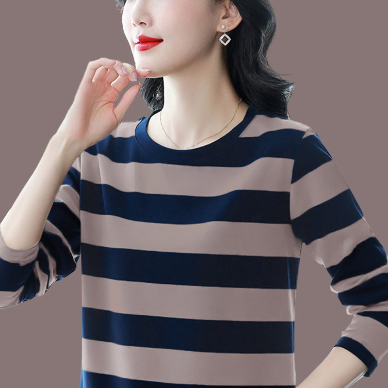 纯棉长袖t恤女春秋薄款2025新款宽松大码显瘦条纹打底衫内搭上衣