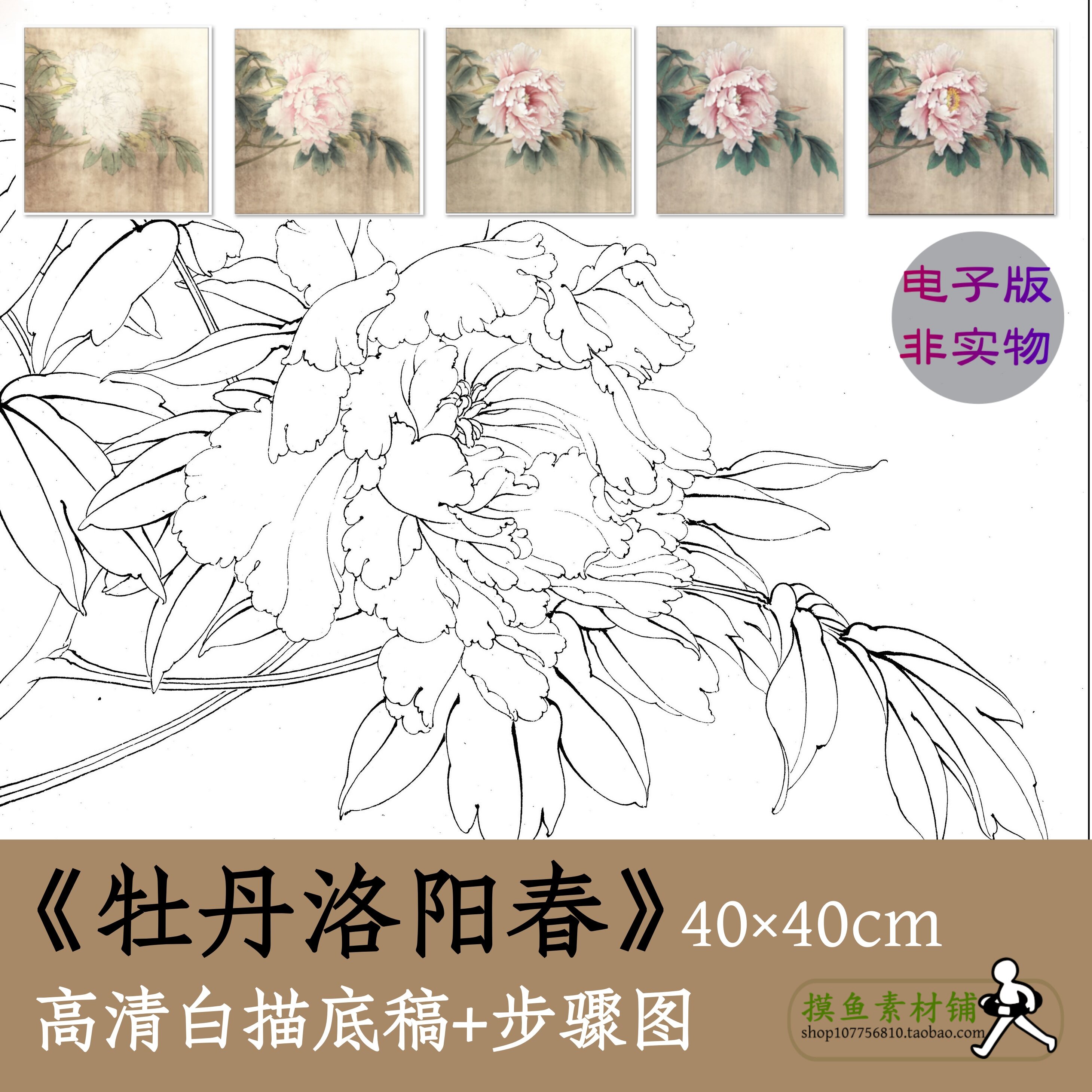 牡丹洛阳春图中国画牡丹图工笔花鸟画电子版白描底稿有步骤图x067