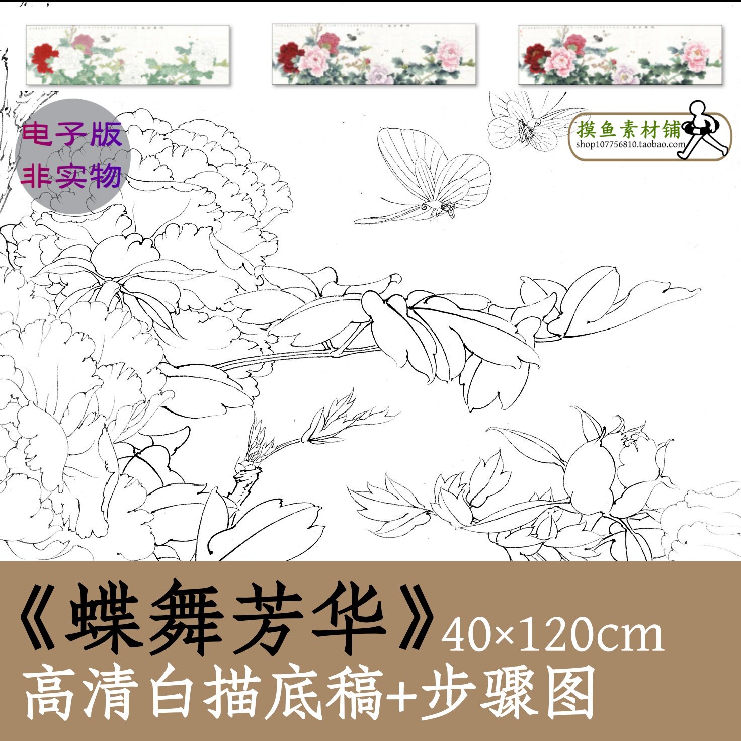 工笔画牡丹图白描底稿电子版中国画横版素材带步骤图x185蝶舞芳华