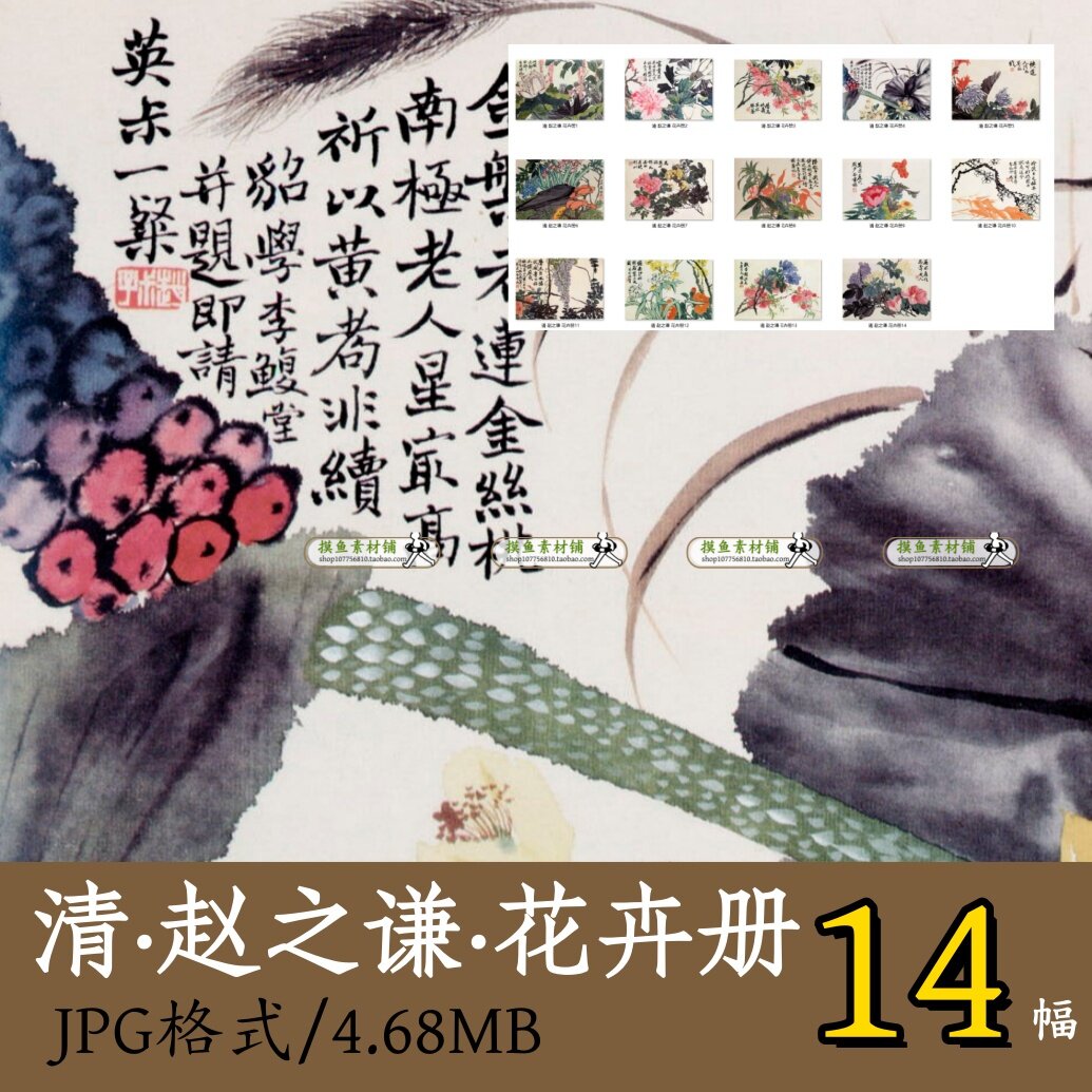 清代赵之谦花卉册14幅/小写意花卉合集画集菊花灵芝梅花图Z163