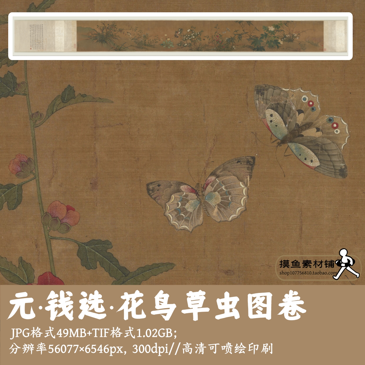 钱选/花鸟草虫图卷/中国画植物花卉工笔花鸟图装饰画电子版g17618