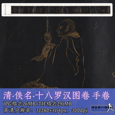 十八罗汉图卷蓝靛纸本描金26.7x384.2厘米电子版素材/工笔画f359