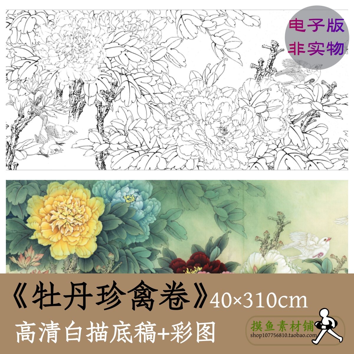 牡丹珍禽卷电子版白描底稿中国画国花牡丹图工笔牡丹长卷临摹x069