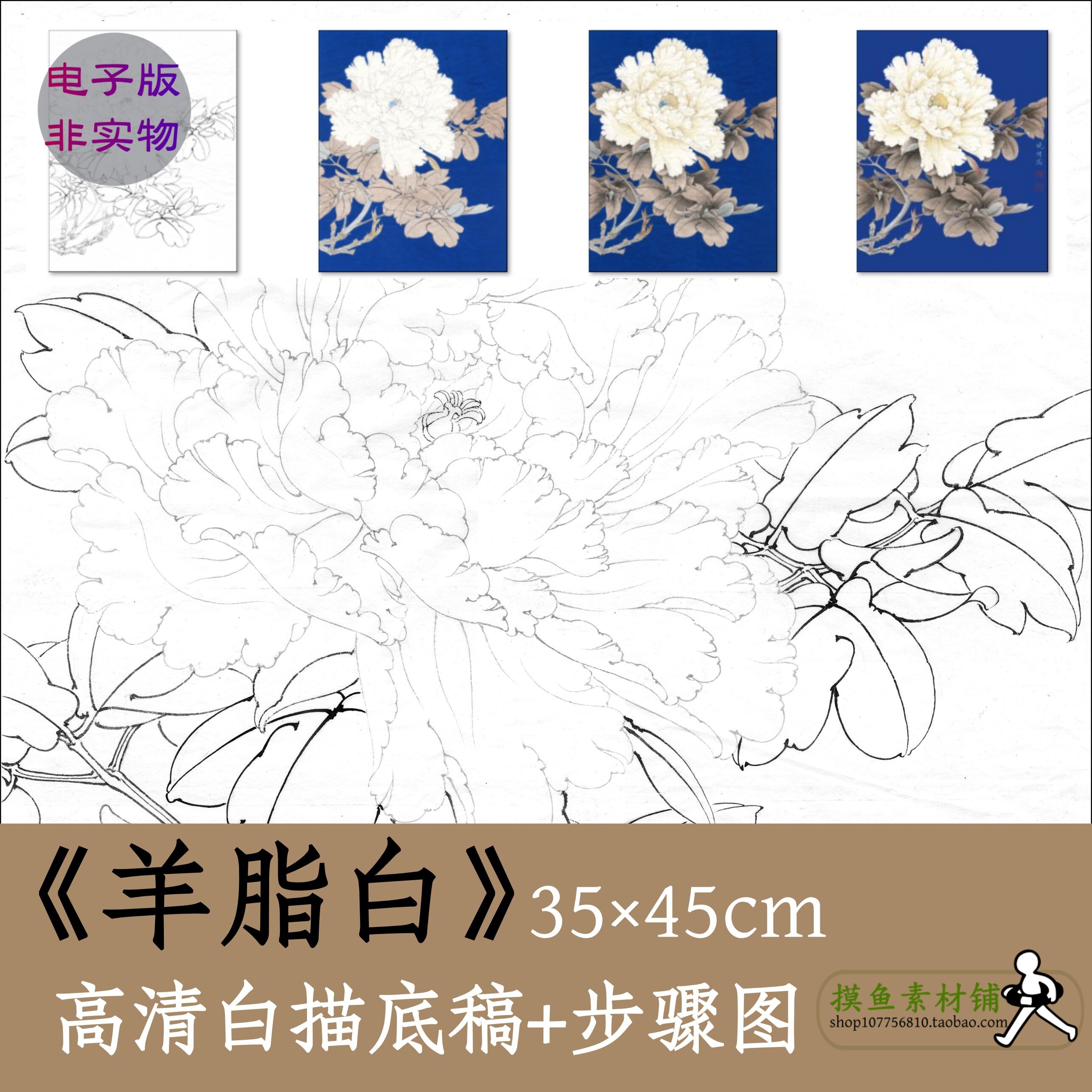 工笔牡丹图电子版勾线稿非实物 中国画白牡丹石青临摹羊脂白x084