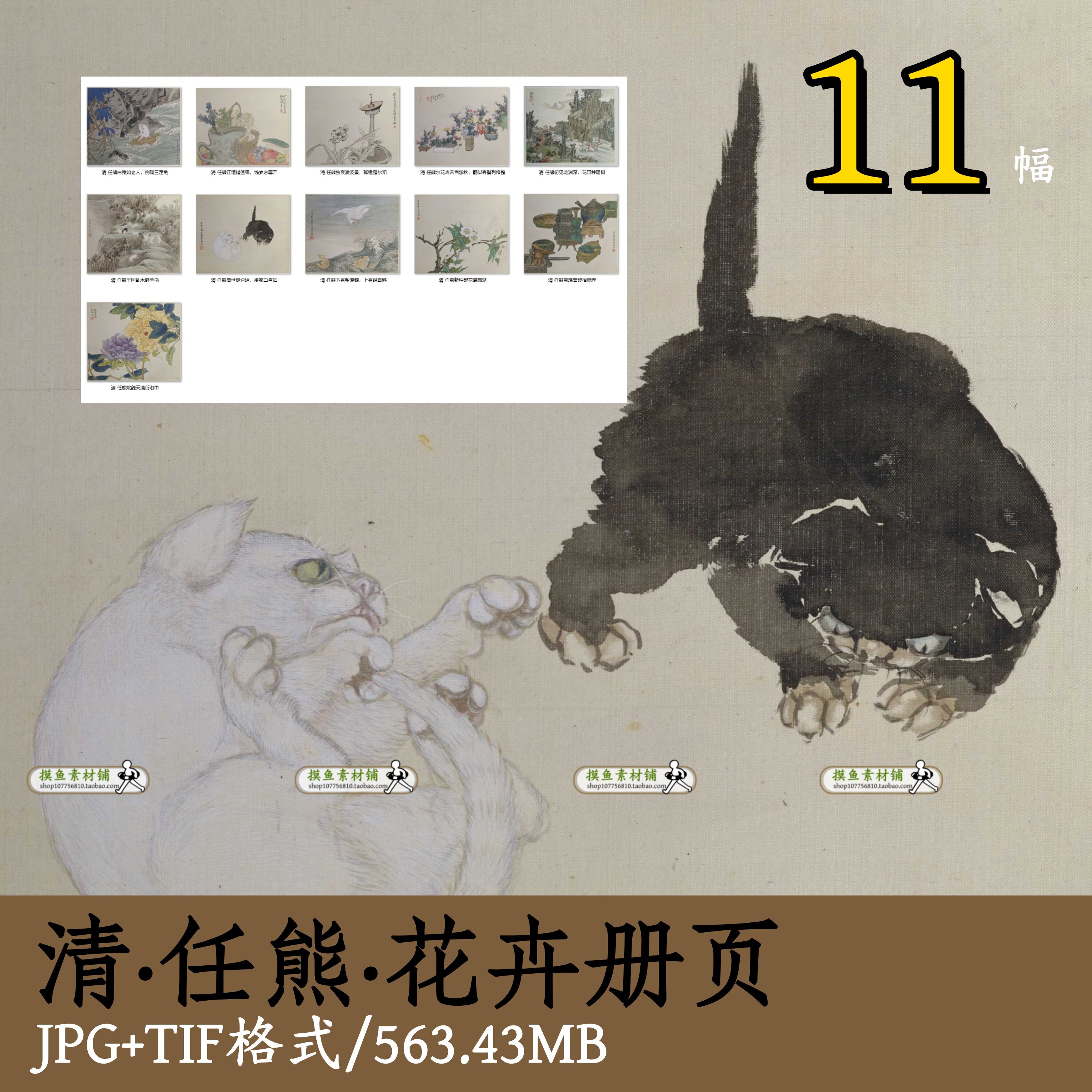 清代任熊花卉册页/国画小写意写生花卉动物猫狗花鸟临摹素材z101