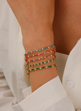 达令  方形彩色多巴胺手链 满钻方块高级感手环 女士时尚百搭手饰