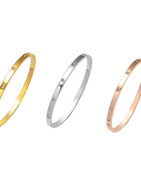 达令 玫瑰金钛钢手镯 女款满天星手链 女士手环 素圈 手镯子 手饰