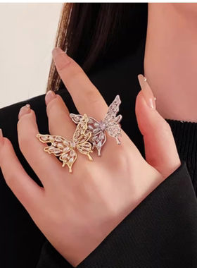 达令 银色蝴蝶仿珍珠戒指 女士高级感开口食指戒 手饰指环 非素圈