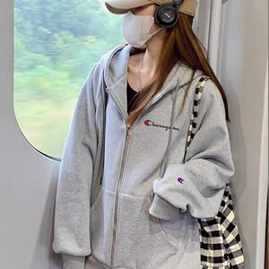 日版冠军连帽卫衣女秋季纯棉宽松灰色刺绣开衫外套上衣情侣男潮牌
