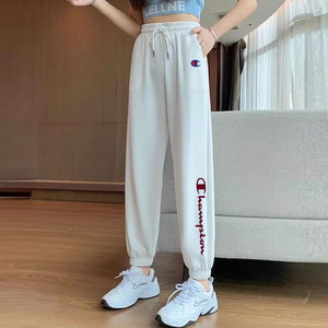 冠军束脚卫衣女秋冬新款百搭刺绣显瘦情侣运动休闲纯棉小脚长裤潮