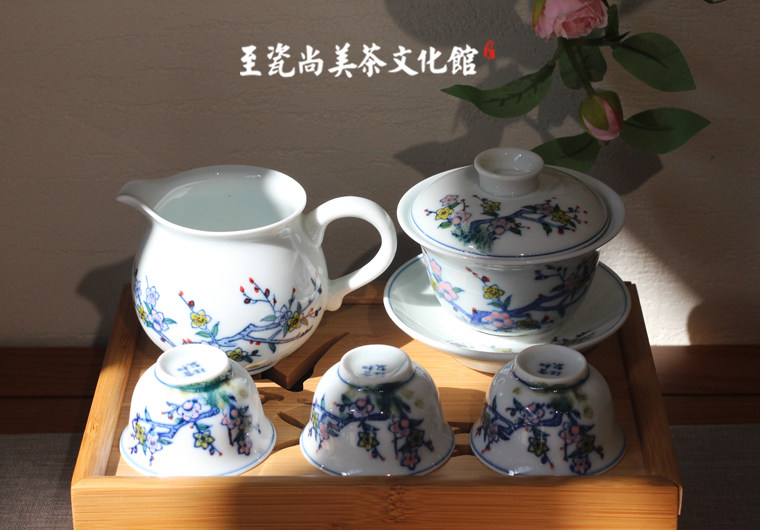 贵和祥经典茶具京德瓷器 窑变桃花盖碗组 景德镇手工绘画功夫茶具