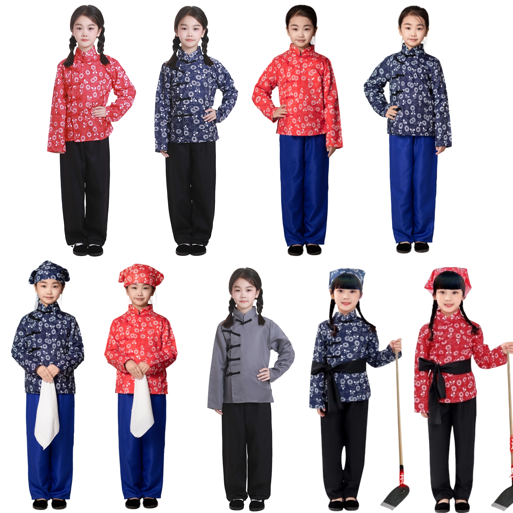 儿童村姑演出服农村妇女百姓碎花衣服舞蹈乡村怀旧采茶女表演服装