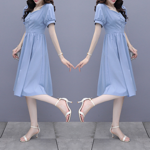 RM10573#可盐可甜小个子气质夏季新款减龄低胸显瘦蓝色方领连衣裙女