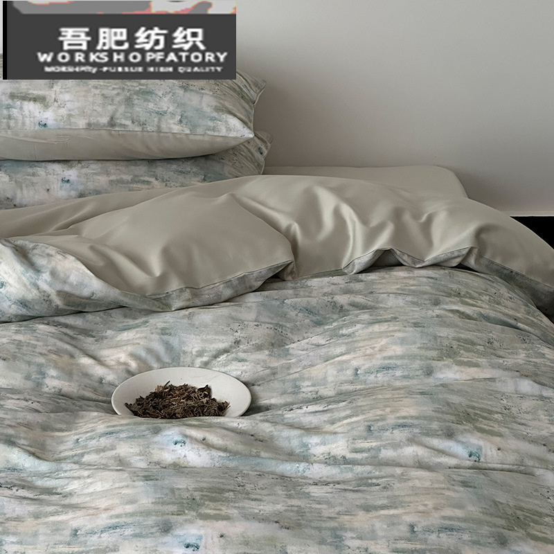 高级感超柔莱赛尔棉四件套轻奢风数码印花四季通用被套床品灰绿色