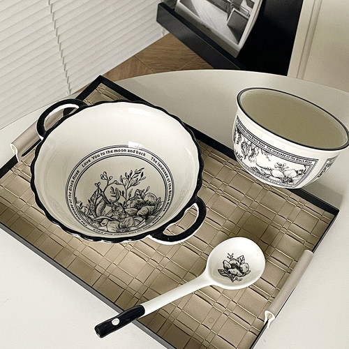 高颜值法式小香风黑白山茶花餐具套装ins风家用一人食釉下彩餐具