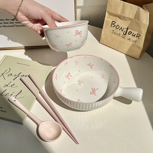 可爱ins蝴蝶结陶瓷手柄碗釉下彩饭碗汤碗套装高颜值少女家用餐具