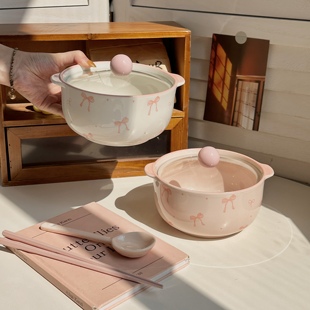 可爱蝴蝶结陶瓷带盖釉下彩双耳防烫学生宿舍泡面碗家用高颜值餐具
