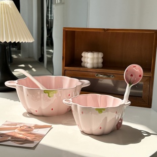 粉色草莓陶瓷双耳防烫ins可爱少女心甜品碗家用米饭碗早餐燕麦碗
