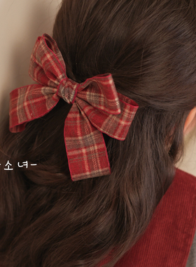The H红色格子蝴蝶结女童发夹学院风韩系甜美秋冬儿童发饰