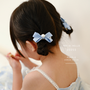 The H儿童蝴蝶结珍珠布艺发夹女童甜美发夹小清新马尾夹发饰