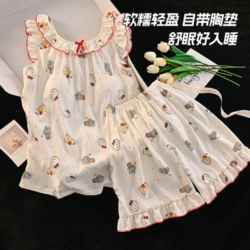 纯棉夏季背心女童睡衣大童家居服