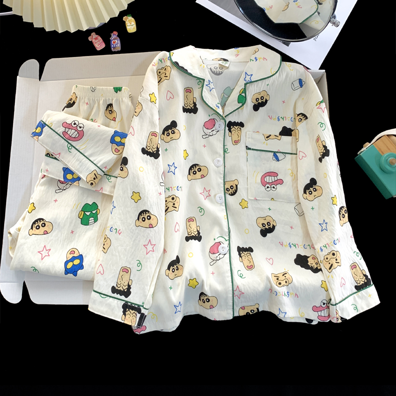 蜡笔小新女童睡衣春秋季薄款云朵棉女孩中大童长袖儿童空调家居服