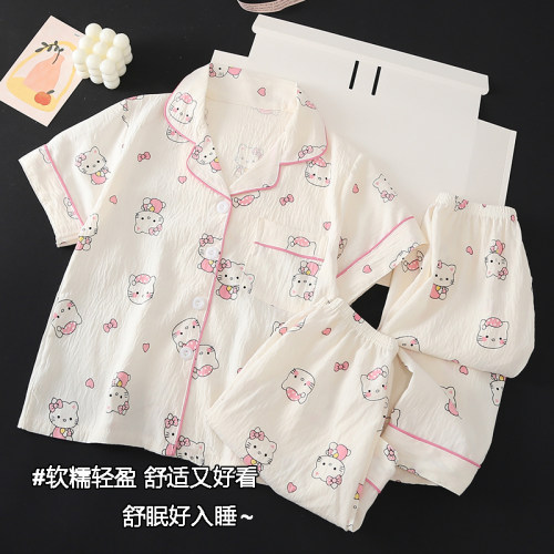 儿童睡衣女童短袖纯棉质三件套夏