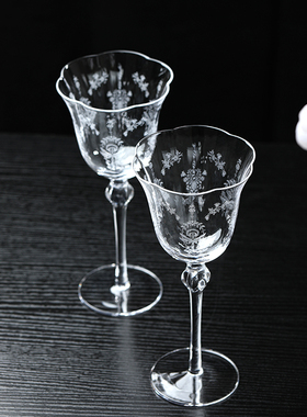 中古法式红酒高脚杯水晶玻璃刻花葡萄酒杯复古洋酒香槟鸡尾酒礼物