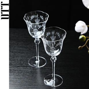 中古法式红酒高脚杯水晶玻璃刻花葡萄酒杯复古洋酒香槟鸡尾酒礼物