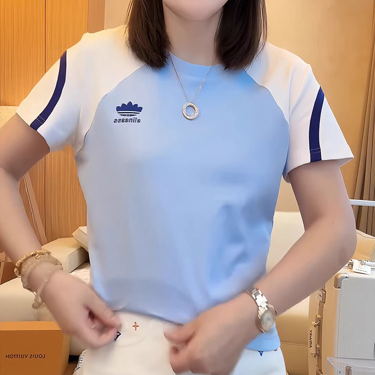 2025年夏季新款时尚百搭圆领短袖T恤女款高级感撞色拼接修身显瘦