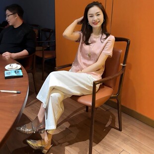 高级感时尚休闲运动套装女夏季气质短袖上衣白色阔腿九分裤两件套