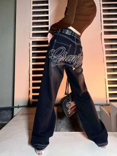 女刺绣字母水洗潮牌小众高街字母裤 复古牛仔裤 子情侣 BIU美式 BIG